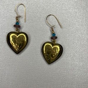Vintage Engraved Gold Heart Dangle Earrings with Beading | Estate Jewelry